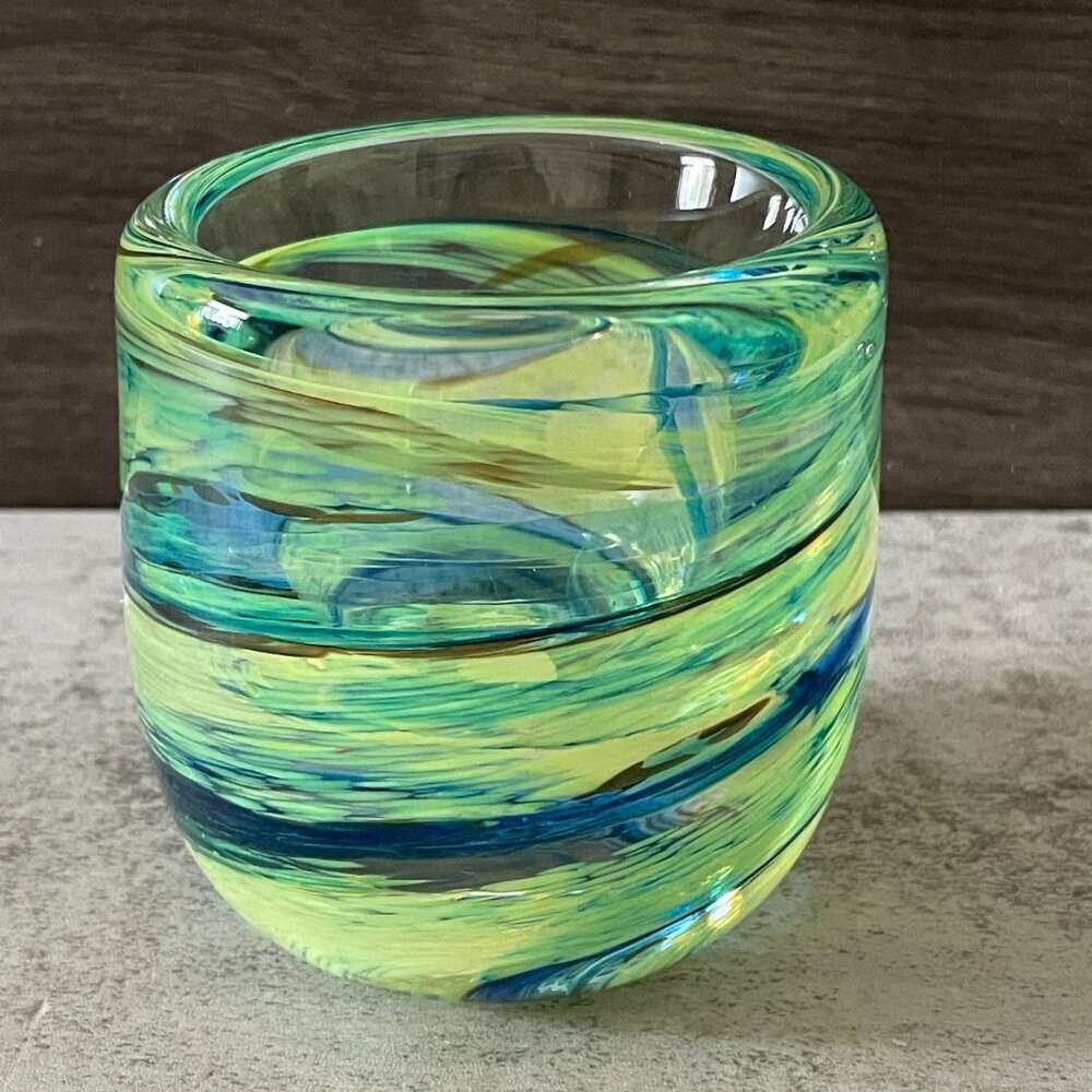 NWL Selkirk Art Glass Green Blue Swirl Votive Candleholder Handmade Scotland 3"